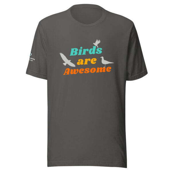 grey shirt with birds are awesome written on it