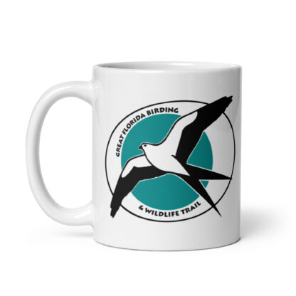 White mug with birding trail logo