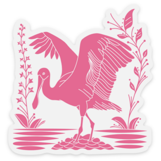 a pink illustrated Roseate Spoonbill with some plants on each side with water underneath