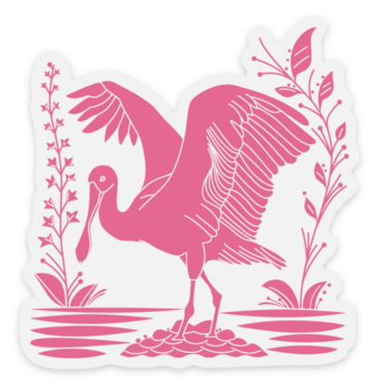 a pink illustrated Roseate Spoonbill with some plants on each side with water underneath